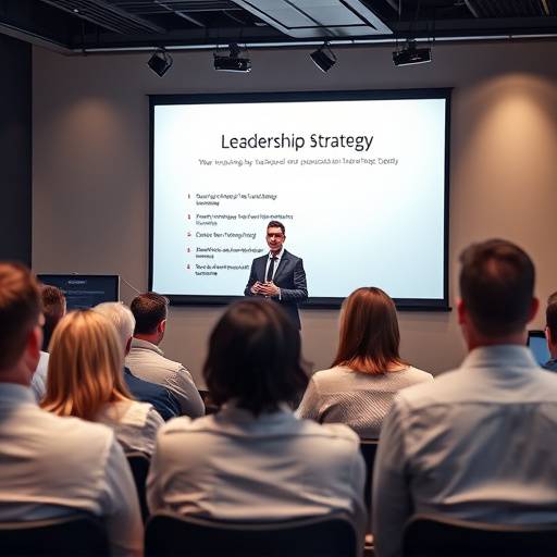 Un coach che presenta una strategia di leadership a un gruppo di dirigenti aziendali, evidenziando l'innovazione.